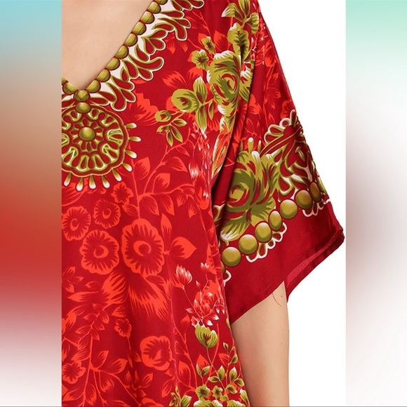 Lavish London Caftan Red Poppy Green Roses Maxi Dress Beach Cover Up Size 1X - Picture 3 of 10